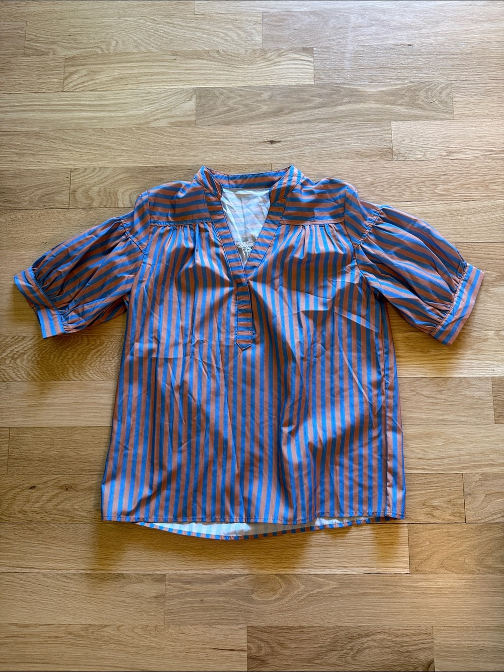 Blue and Orange Striped V-Neck Popover Top
